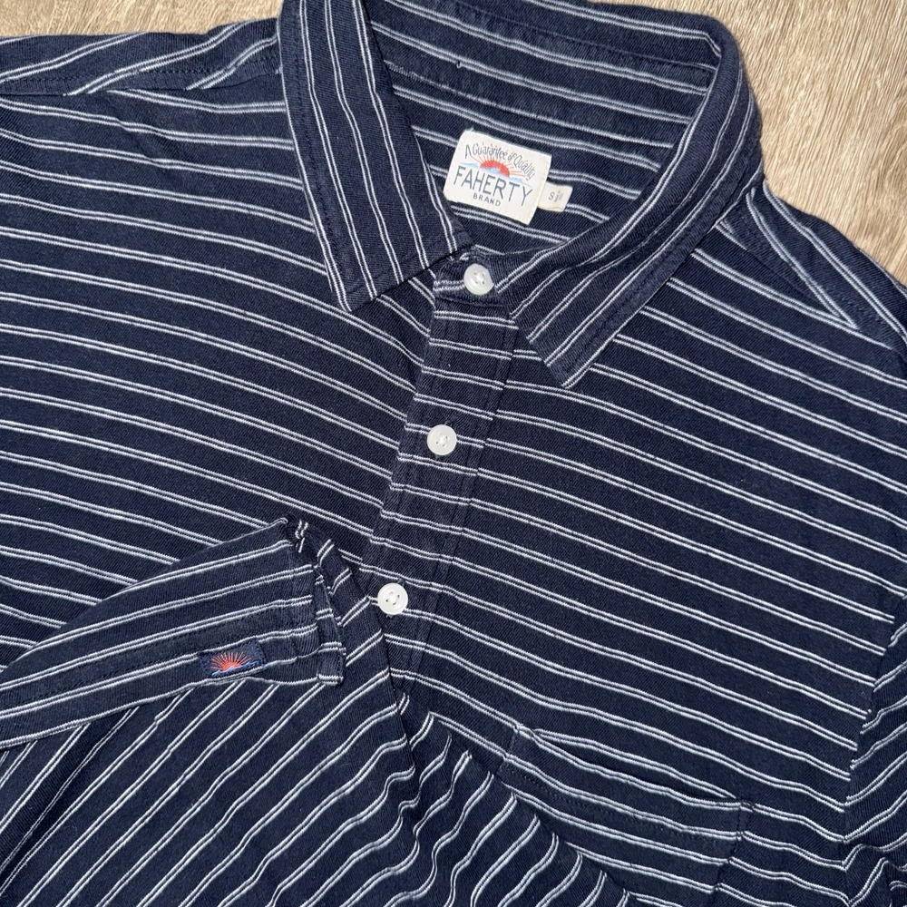 Faherty Short Sleeve Striped Cotton Polo Men's Small Navy Blue White Stretch